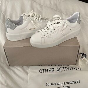 Golden Goose white leather silver glitter heel sneaker